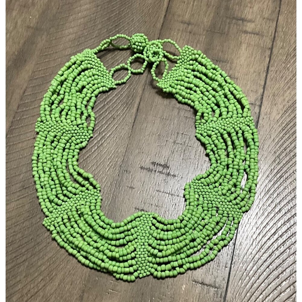 Art Deco Style Scalloped Seed Bead Glass Bib Necklace Green Boho Festival